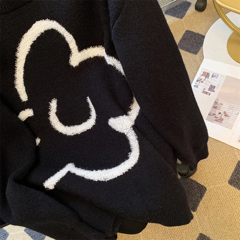 Korean Women's Black White Patchwork Long Sleeve Round Neck Sweater Autumn Winter Loose Elegant Knitted Pullover Top Thick Trend