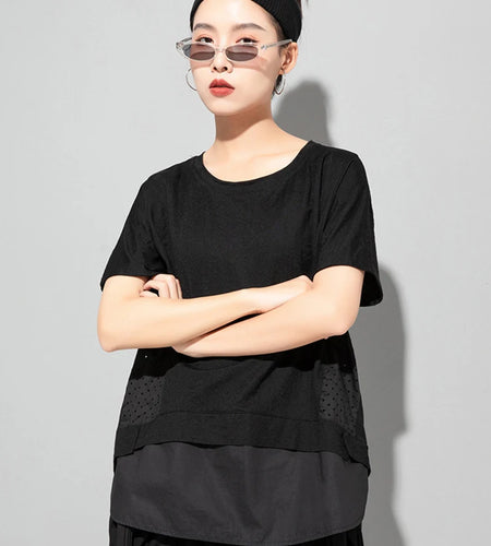 Women Black Dot Printed Spliced Big Size Casual T-shirt New Round Neck Short Sleeve Fashion Spring Summer 2025 1DJ1762