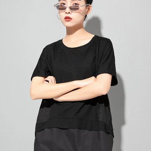 Load image into Gallery viewer, Women Black Dot Printed Spliced Big Size Casual T-shirt New Round Neck Short Sleeve Fashion Spring Summer 2025 1DJ1762

