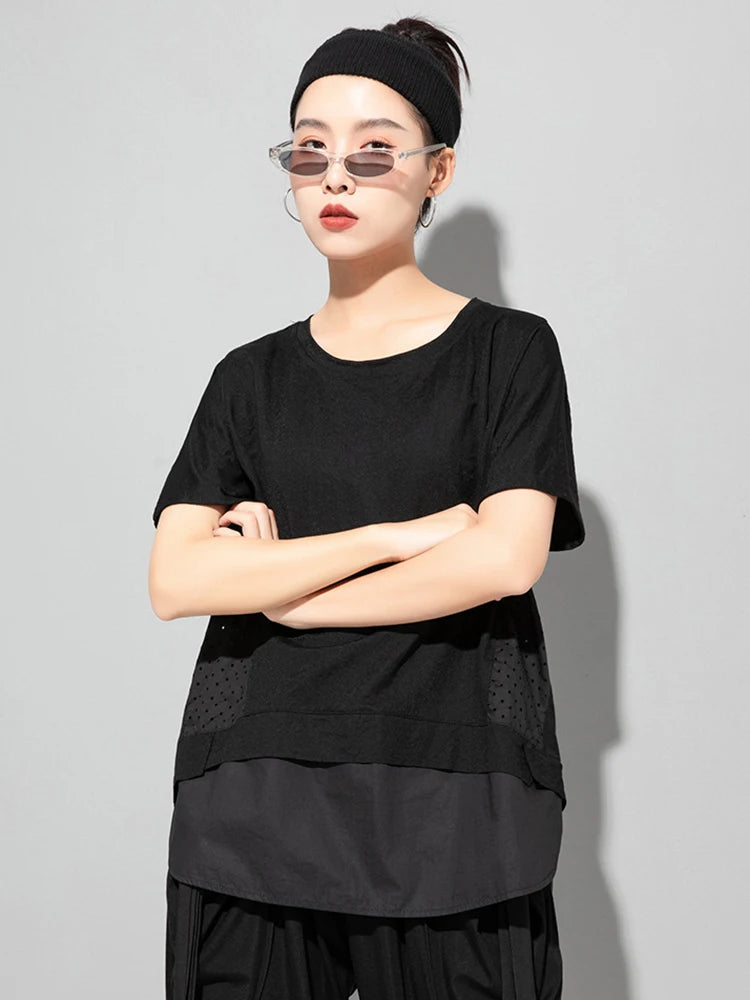 Women Black Dot Printed Spliced Big Size Casual T-shirt New Round Neck Short Sleeve Fashion Spring Summer 2025 1DJ1762