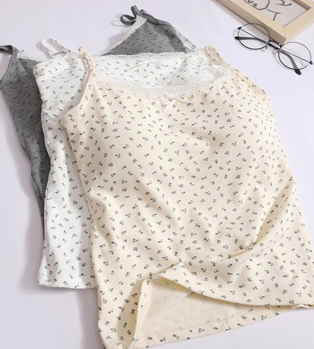 Summer Fashion Women Flower Print Lace Spaghetti Strap Vest Chic Solid Sleeveless Slim Ladies Casual Short Tops Streetwear