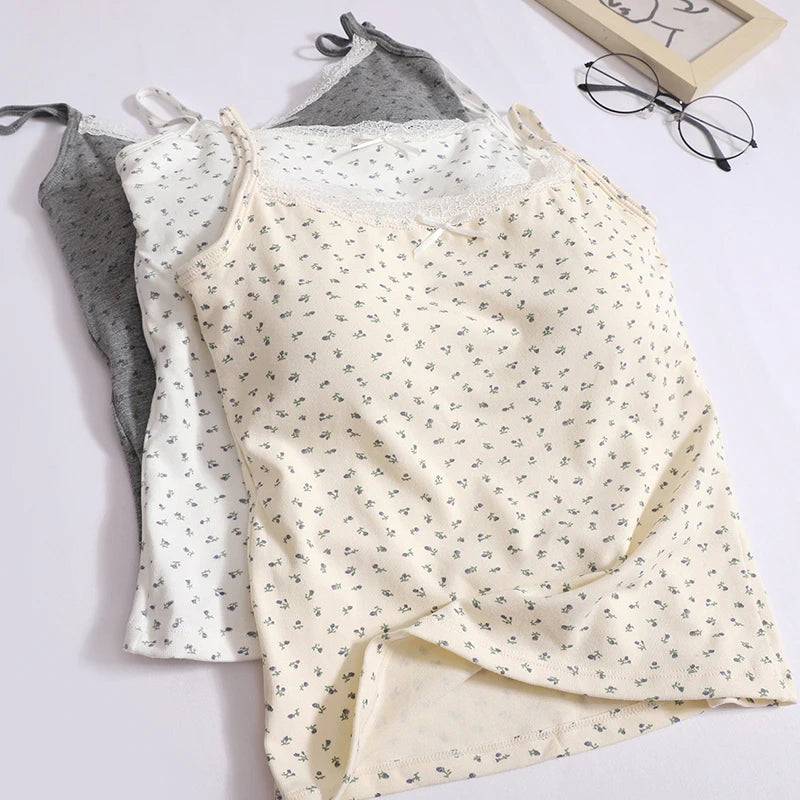 Summer Fashion Women Flower Print Lace Spaghetti Strap Vest Chic Solid Sleeveless Slim Ladies Casual Short Tops Streetwear