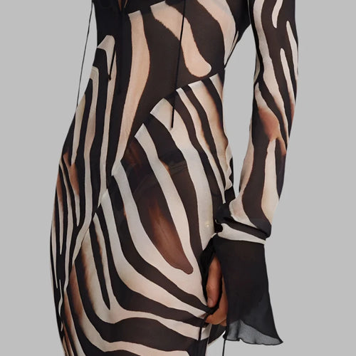 Load image into Gallery viewer, Transparent Zebra Print Chiffon Dress Sexy Elegant V-neck Long Sleeve Maxi Dresses Summer Beach Outfit C92-DE25
