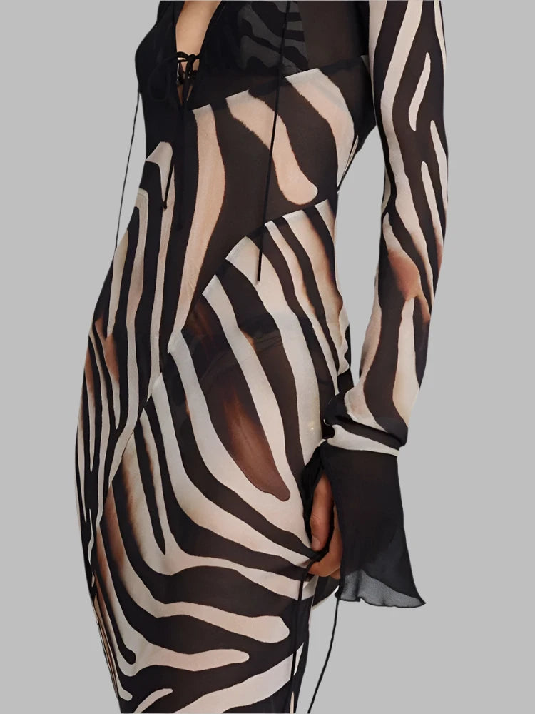 Transparent Zebra Print Chiffon Dress Sexy Elegant V-neck Long Sleeve Maxi Dresses Summer Beach Outfit C92-DE25