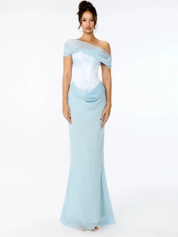 Elegant Mesh Patchwork Off Shoulder Bodycon Women Party Evening Dress 2025 Spring New Maxi Vestidos Sexy Backless Dress