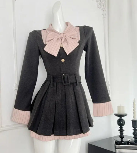 Autumn Vintage Pink Stripe Patchwork Elegant Long Sleeve Mini Dresses Women College Style Button Bow Short Pleated Dress Fashion