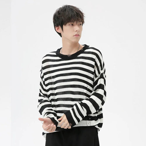 Load image into Gallery viewer, Korean Style Men&#39;s Sweater Hollow Out Striped Contrast Color Male Pullovers Round Collar Menwear Tops Autumn Trend 9C7037
