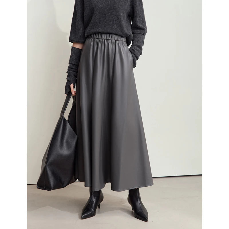 Minimalist Commuter Chic Skirt for Women 2024 Winter PU Elastic Waist Leather Multi-piece Patchwork Umbrella Skirt 12444168