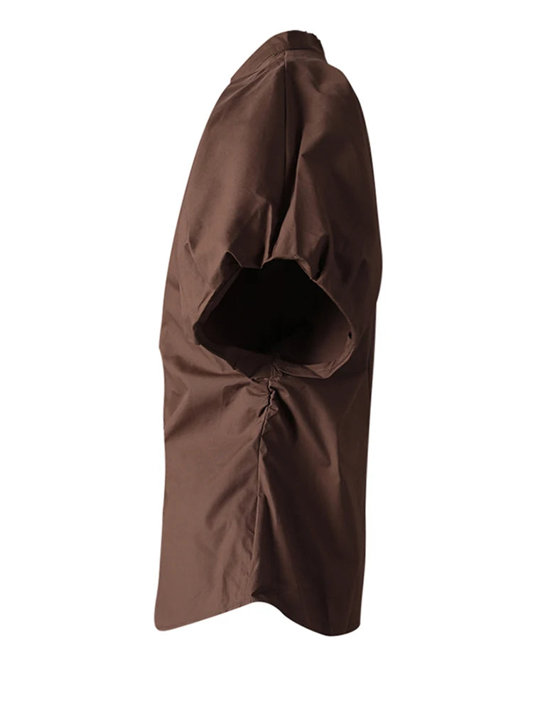 Women Coffee Shaped Elegant Blouse New Stand Collar Short Puff Sleeve Shirt Fashion Tide Spring Summer 2025 CPG3251