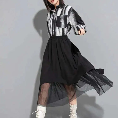 Load image into Gallery viewer, High Elastic Waist Black Mesh Fake Two Long CasualHalf-body Skirt Women Fashion Tide New Spring Autumn 2025 1DF6509
