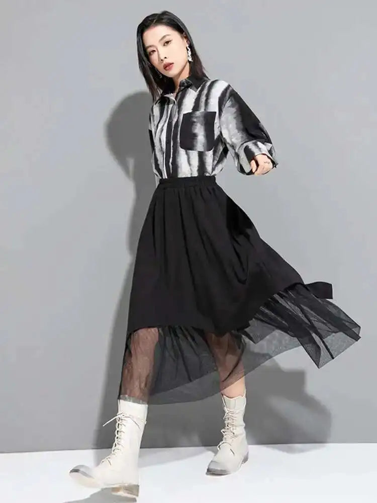 High Elastic Waist Black Mesh Fake Two Long CasualHalf-body Skirt Women Fashion Tide New Spring Autumn 2025 1DF6509