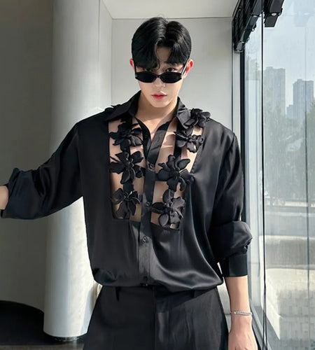 Men's Shirts Long Sleeve New Kroean Spliced Flower Hollow Out Fashion Top Turn-down Collar Single Breasted Menwear 9W1518