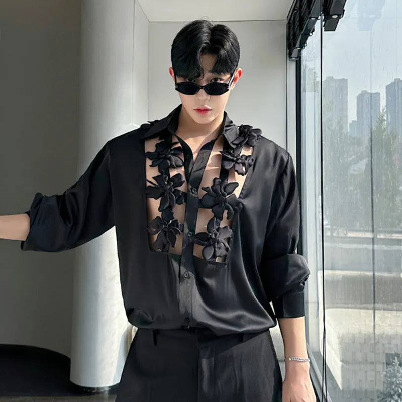 Men's Shirts Long Sleeve New Kroean Spliced Flower Hollow Out Fashion Top Turn-down Collar Single Breasted Menwear 9W1518
