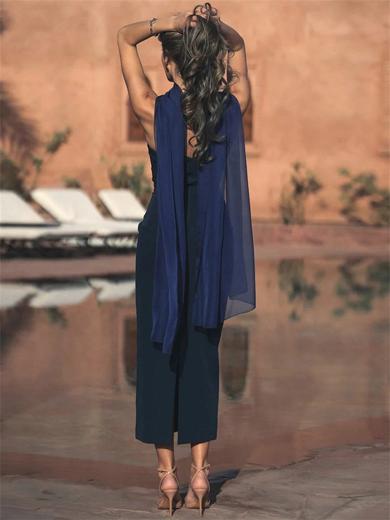 Scarf Collar Strapless Sexy Maxi Dress Women Gown Off-shoulder Sleeveless Backless Bodycon Club Party Long Dress 2025