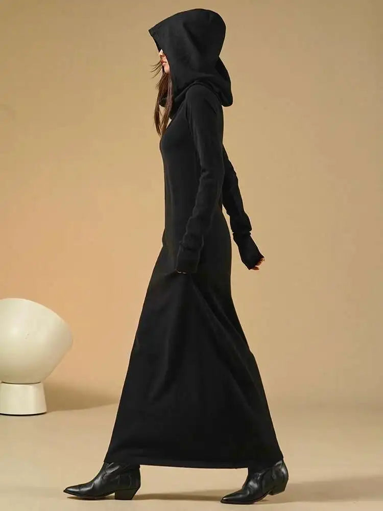 Women Oat Color Knitting Ankle Length Dress New Hooded Long Sleeve Loose Fit Fashion Tide Spring Autumn 2025 1DH3764