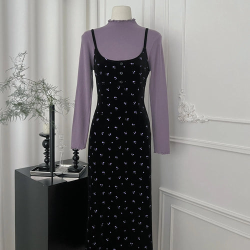 Load image into Gallery viewer, French Women Autumn Winter Fashion Suit Purple Elegant O-neck Long Sleeve Tops And Black Print Velvet Slip Dress Two-piece Sets
