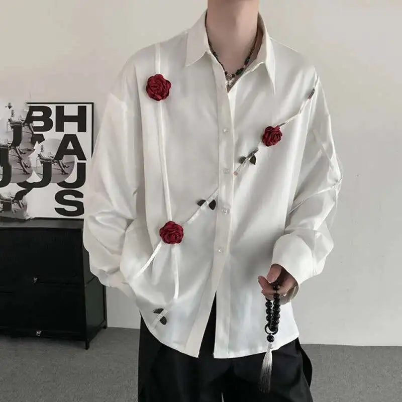 Spring Men's Shirts Three-dimensional Rose Design Lapel Contrast Color Menswear Long Sleeve Single Breasted Male Tops 9W185
