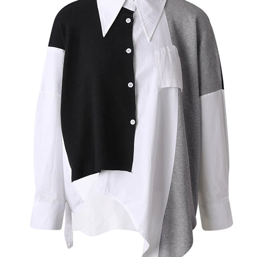 Load image into Gallery viewer, Women Coffee Knitting Spliced Big Size Irregular Blouse New Lapel Long Sleeve Shirt Fashion Spring Autumn 2025 1DJ0105

