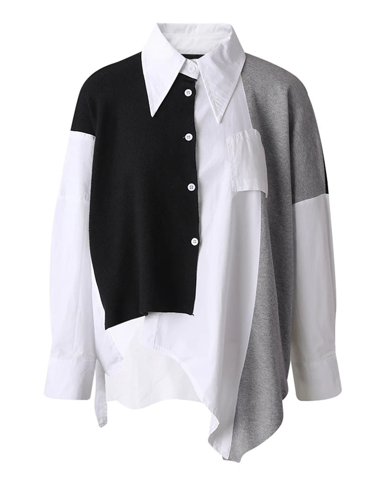 Women Coffee Knitting Spliced Big Size Irregular Blouse New Lapel Long Sleeve Shirt Fashion Spring Autumn 2025 1DJ0105