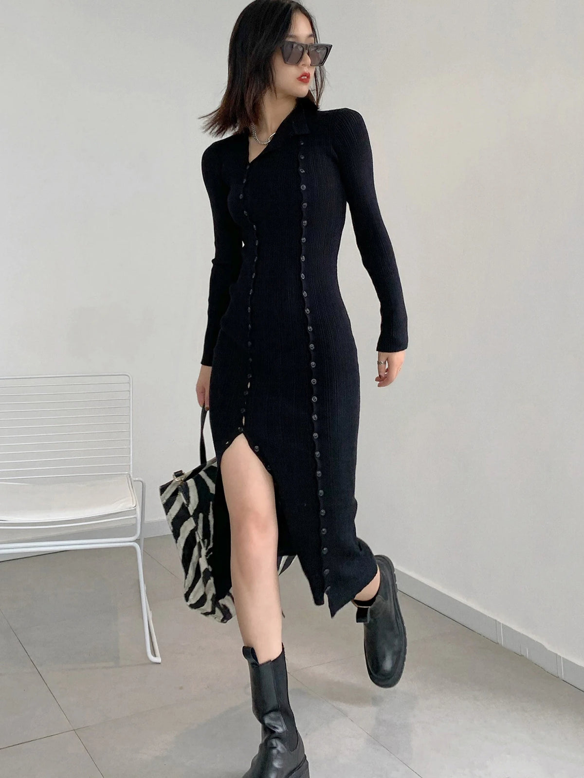 Fall Winter Ladies Long and Short Slim Fit Sexy Double Breasted Solid Dress Women Knitted Basic Jumper C-096