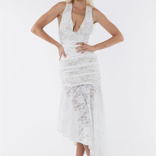 Load image into Gallery viewer, Lace Ruched Sexy Maxi Dress Women Gown White Patchwork Deep V Neck Sleeveless Backless High Waist Long Tank Dress
