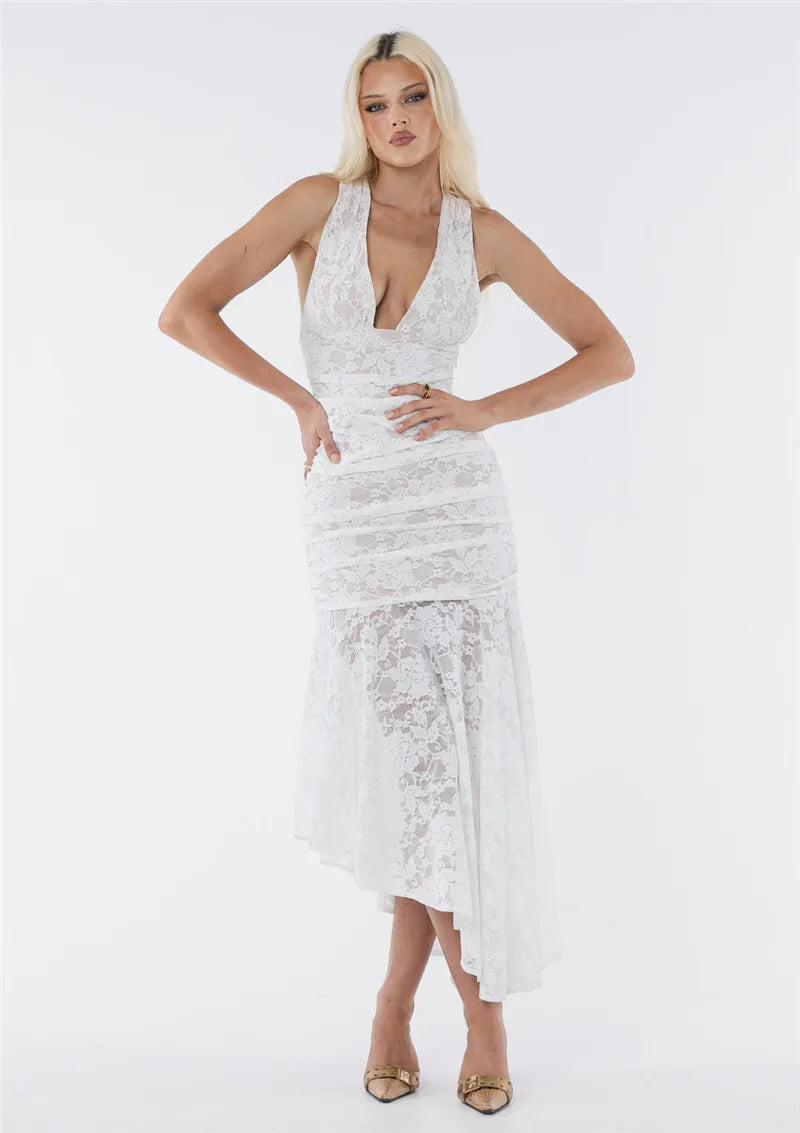Lace Ruched Sexy Maxi Dress Women Gown White Patchwork Deep V Neck Sleeveless Backless High Waist Long Tank Dress