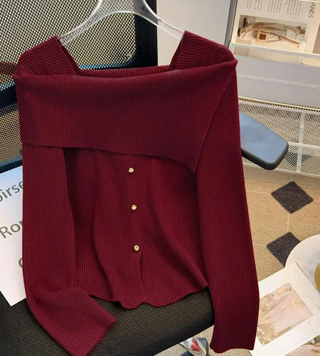Autumn Winter Korean Black Square Neck Long Sleeve Versatile Sweater Women Red Single Breasted Short Knitted Tops Popular Simple