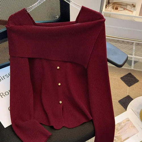 Load image into Gallery viewer, Autumn Winter Korean Black Square Neck Long Sleeve Versatile Sweater Women Red Single Breasted Short Knitted Tops Popular Simple
