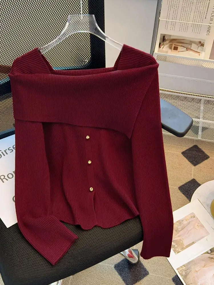Autumn Winter Korean Black Square Neck Long Sleeve Versatile Sweater Women Red Single Breasted Short Knitted Tops Popular Simple