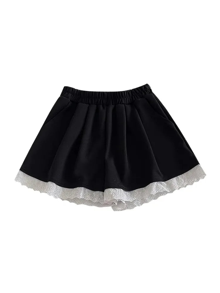 Black White High Waist Slim Mini Pleated Shorts 2024 Spring Summer Fashion Ladies Sweet Gray Lace Shorts For Women Clothes Trend
