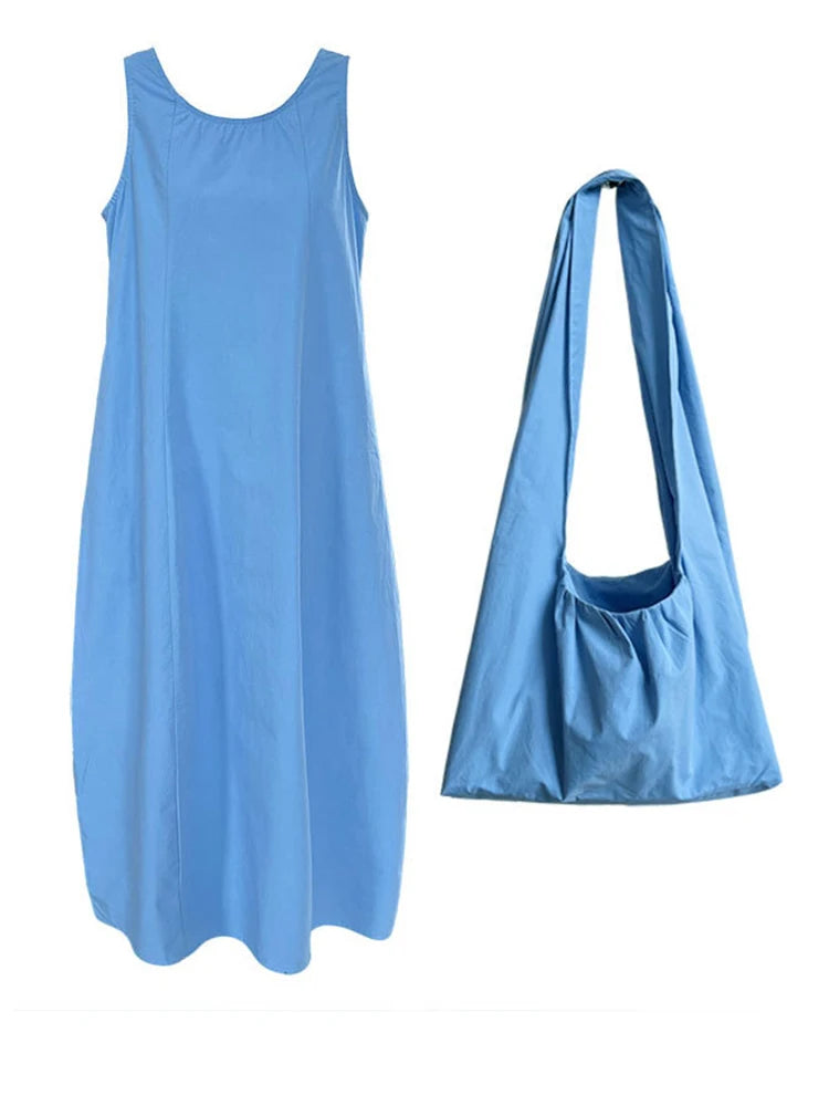 Women Blue With Bag Brief Elegant Long Vest Dress New Round Neck Sleeveless Fashion Tide Spring Autumn 2025 1DJ1112