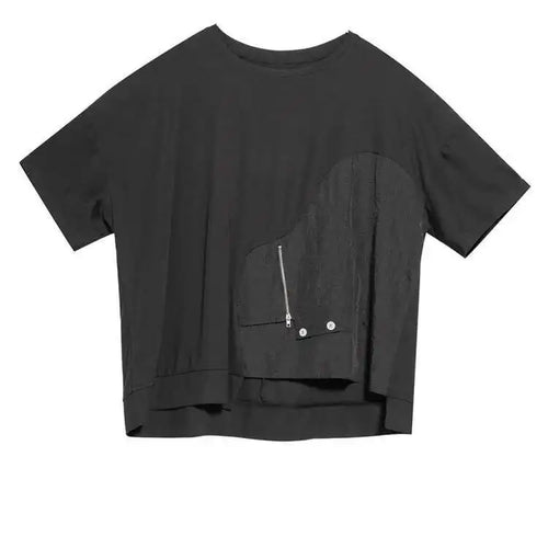 Load image into Gallery viewer, Women Black Irregular Casual Big Size T-shirt New Round Neck Short Sleeve Fashion Tide Spring Summer 2025  1DE8728
