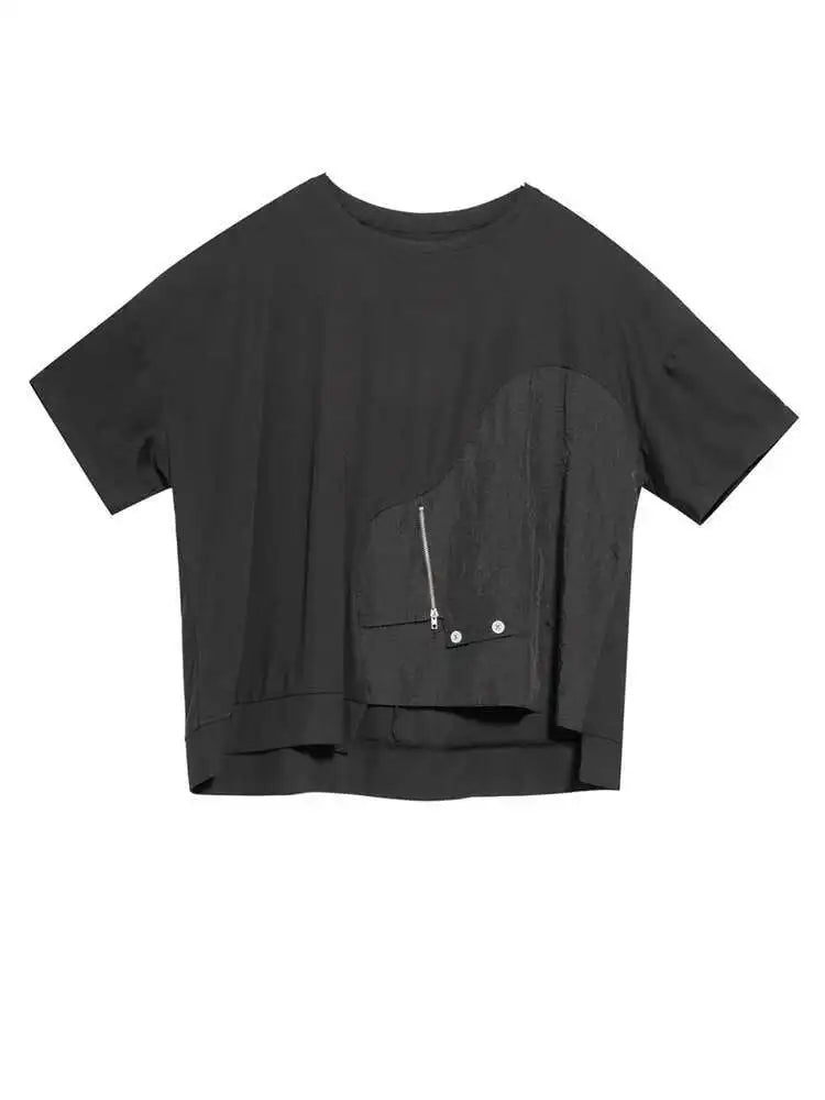 Women Black Irregular Casual Big Size T-shirt New Round Neck Short Sleeve Fashion Tide Spring Summer 2025  1DE8728
