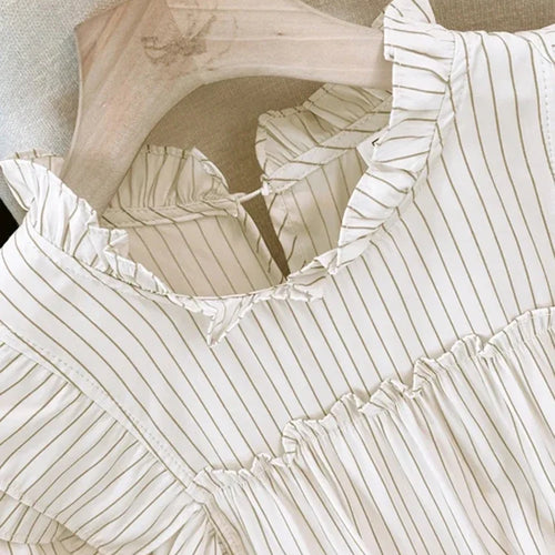 Load image into Gallery viewer, French Vintage Vertical Striped Loose Women Blouse Elegant Ladies Sweet Pink White Female Chicly Ruffles Collar Top
