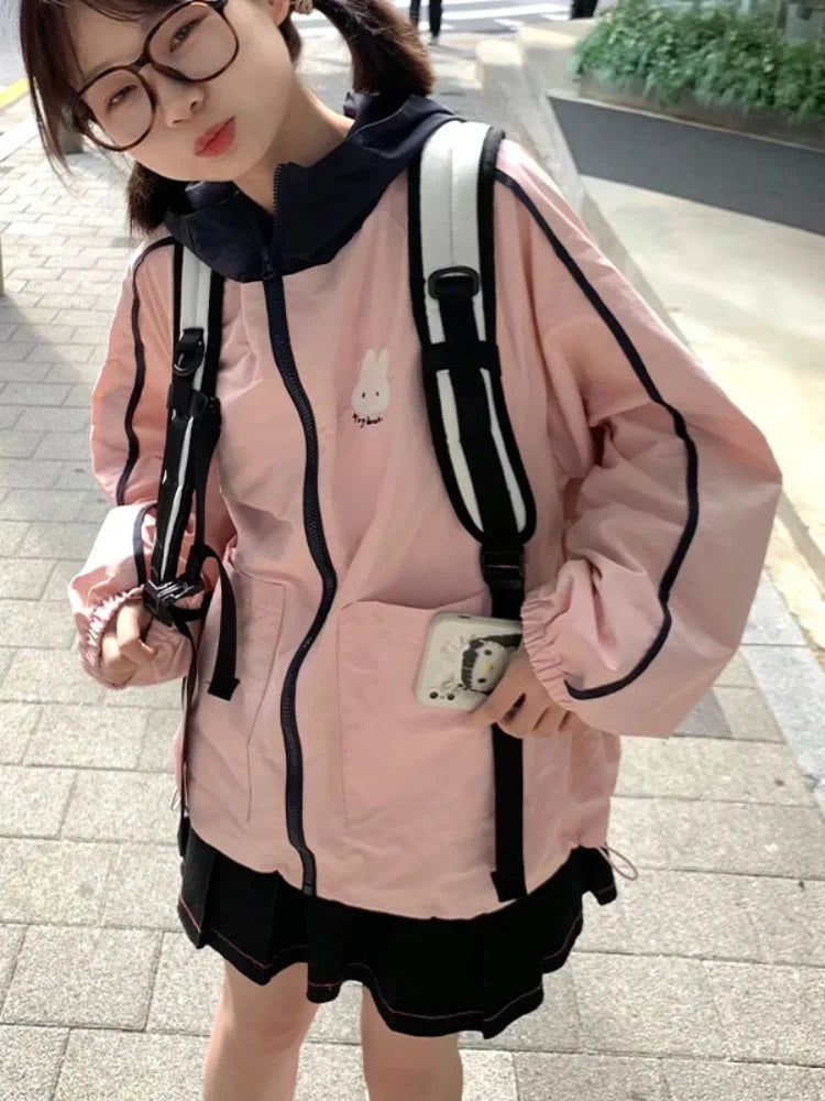 New Streetwear Grunge Contrast Jackets Women Spring Autumn Cartoon Coat Casual Vintage Hoody Y2k Aesthetic Pocket Harajuku Tops