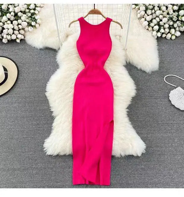 Korean Solid Knitted Split Long Dress Summer Women V Neck Sleeveless Kink Sexy Club Slim Bodycon Wrapped Hip Dress Vestidos Chic