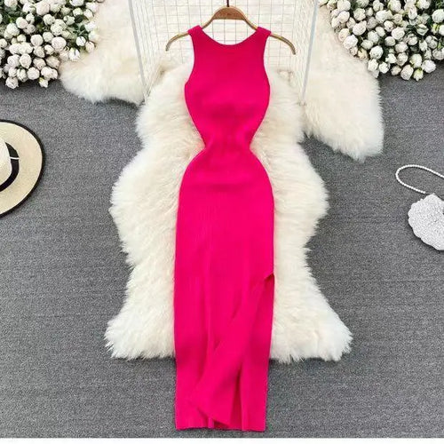 Load image into Gallery viewer, Fashion Women's Solid V Neck Elegant Sexy Club Slim Vest Long Dress Summer Vacation Backless Sleeveless Split Knitted Dress Chic
