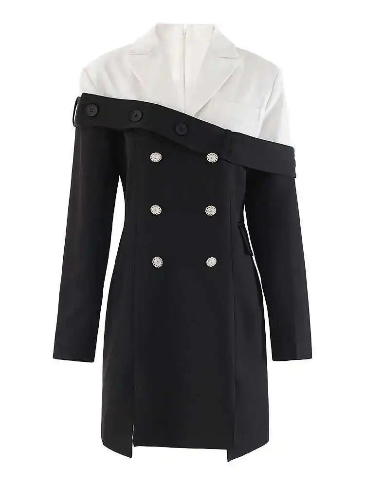 Women Black Double Breasted Color-block Mini Blazer Dress New Lapel Long Sleeve Fashion Tide Spring Autumn 2025 CPDB254