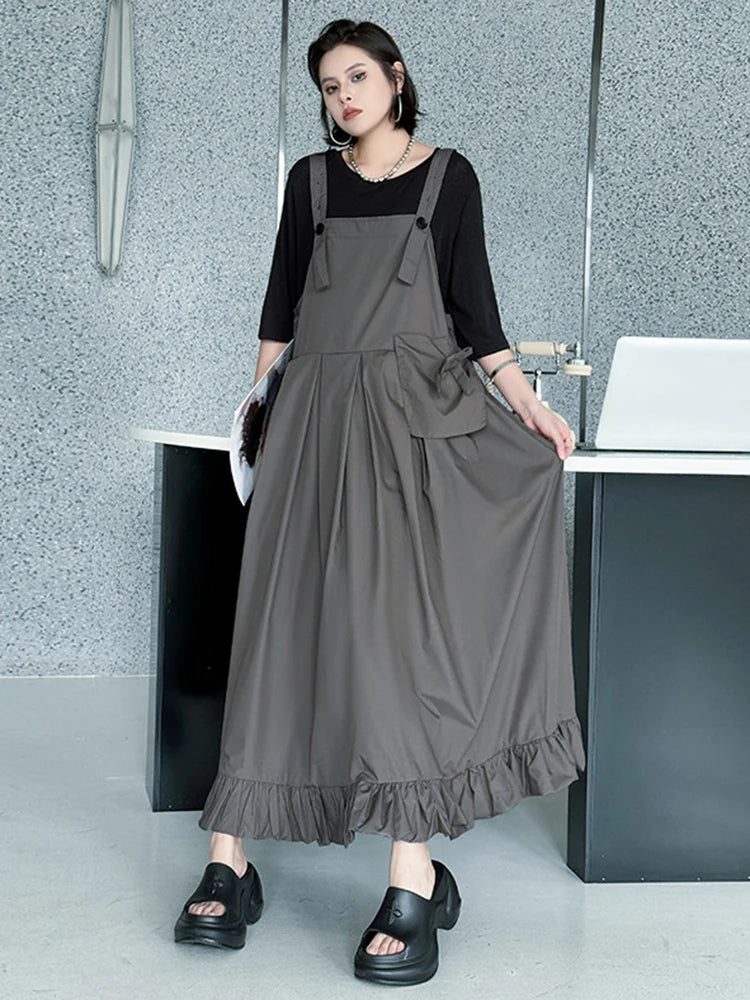 Women Black Ruffles Pocket Big Size Midi Strap Dress New Square Collar Sleeveless Fashion Tide Spring Autumn 2025 1DJ1158