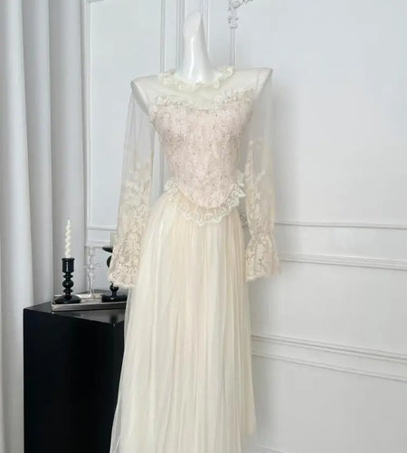 Autumn Vintage Fairy Two-piece Suit Women's Beige Mesh Patchwork Lace Elegant Ruffles Short Tops And High Waist Long Skirt Trend