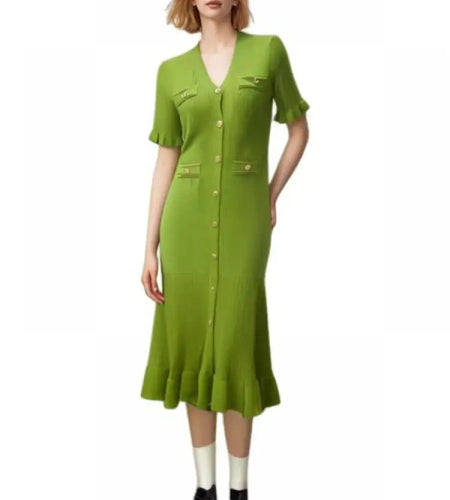 Women Solid V Neck Ruffles Edge Knitted Single Breasted Dress Fashion Spring Summer Short Sleeves Festival Long Dress Simplicity