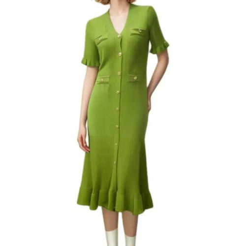 Load image into Gallery viewer, Women Solid V Neck Ruffles Edge Knitted Single Breasted Dress Fashion Spring Summer Short Sleeves Festival Long Dress Simplicity
