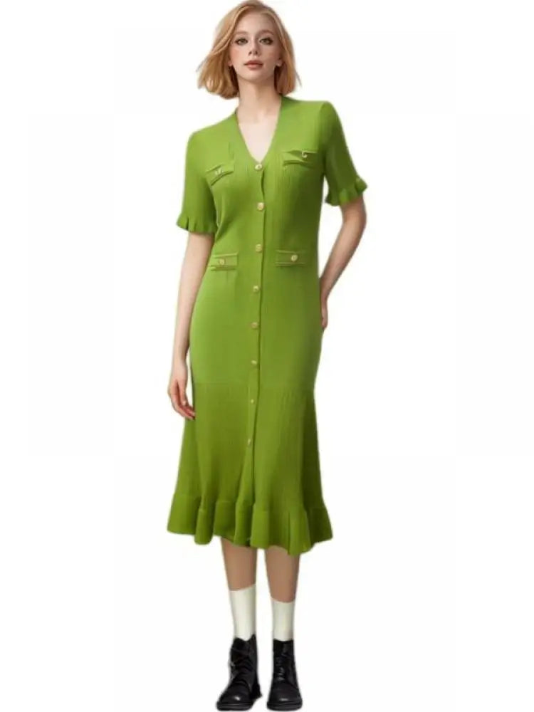 Women Solid V Neck Ruffles Edge Knitted Single Breasted Dress Fashion Spring Summer Short Sleeves Festival Long Dress Simplicity