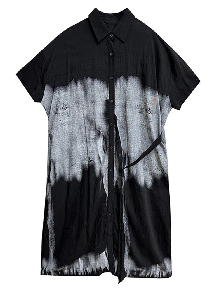 Women Green Pattern Printed Belted Big Size Shirt Dress New Lapel Short Sleeve Fashion Tide Spring Summer 2025  1DH5759