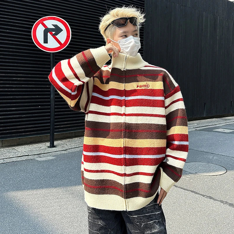 American Sweater Cardigan Jacket Men's Spring Versatile Loose Striped Couple Zipper Knitted Sweater 2025 Turtleneck 9C9259