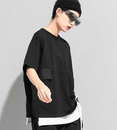 Women Black Button Ribbon Color-block Big Size T-shirt New Round Neck Short Sleeve Fashion Tide Spring Summer 2025 1DJ1751