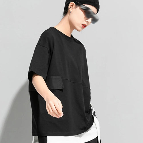 Load image into Gallery viewer, Women Black Button Ribbon Color-block Big Size T-shirt New Round Neck Short Sleeve Fashion Tide Spring Summer 2025 1DJ1751

