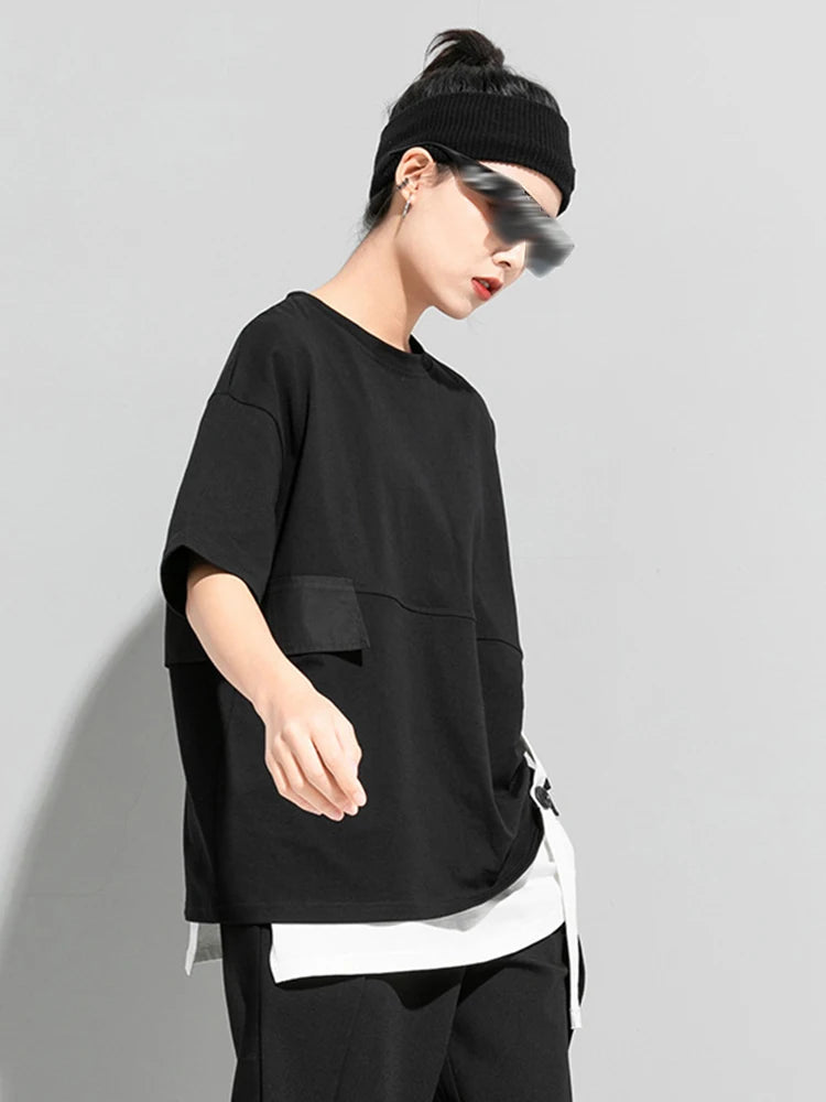 Women Black Button Ribbon Color-block Big Size T-shirt New Round Neck Short Sleeve Fashion Tide Spring Summer 2025 1DJ1751