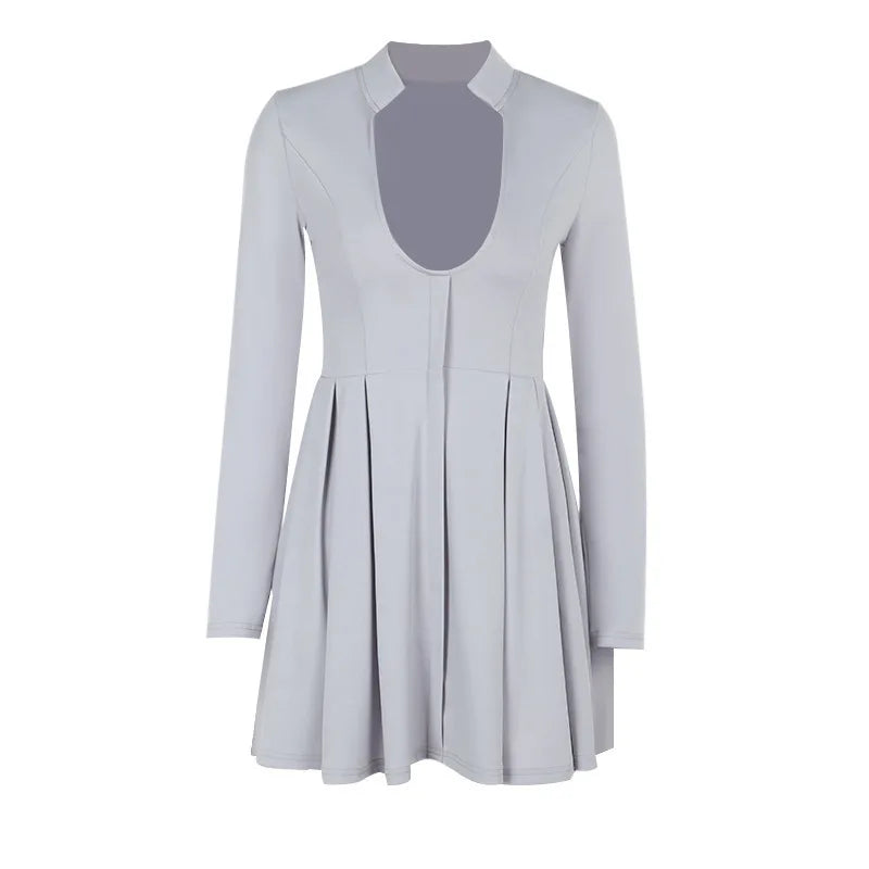 Gray Long Sleeve Sexy Mini Dress Women Solid V Neck High Waist A-line Club Party Pleated Sexy Dress Elegant Clubwear