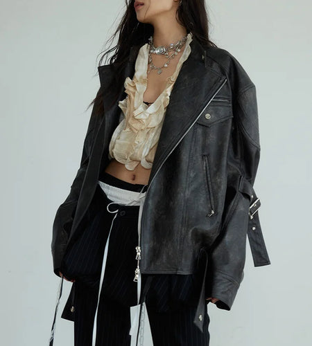 PU Leather Dark Brown Big Size Vintage Jacket New Stand Collar Long Sleeve Women Coat Fashion Spring Autumn 2025 1DH7079